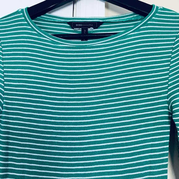 BCBG Green & White Striped Lightweight Stretchy Sweater Midi Bodycon Dress | XS - Picture 5 of 8